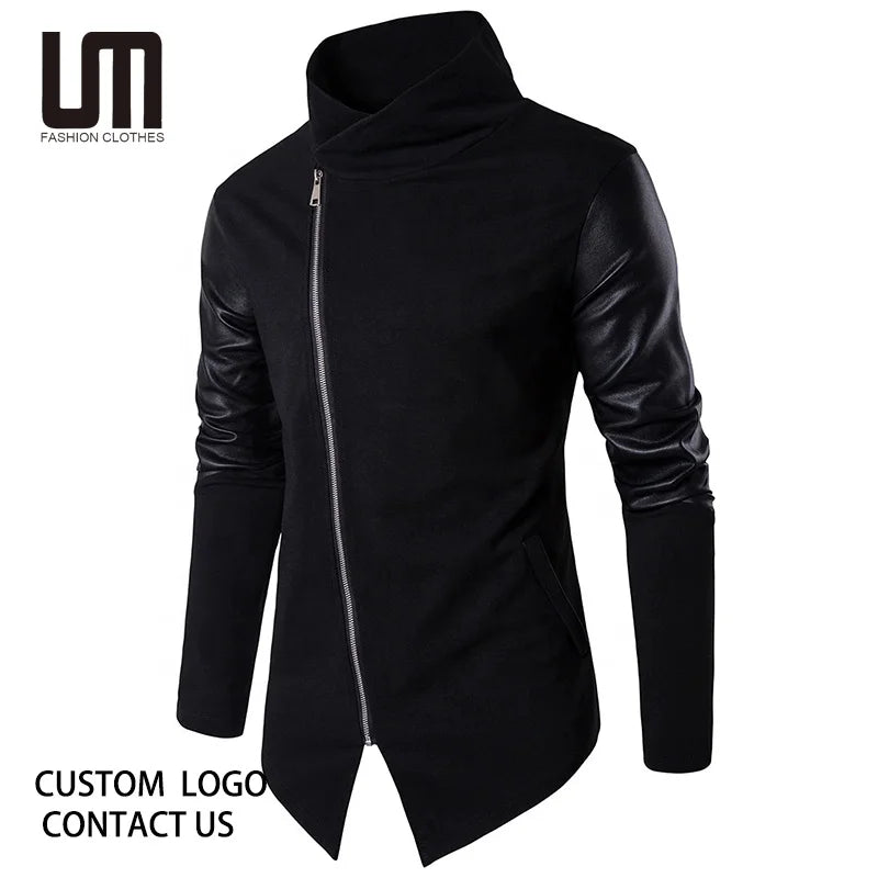 Liu Ming Fall Winter Men Clothes Streetwear Leather Patchwork Asymmetrical Slim Punk Sweatshirt