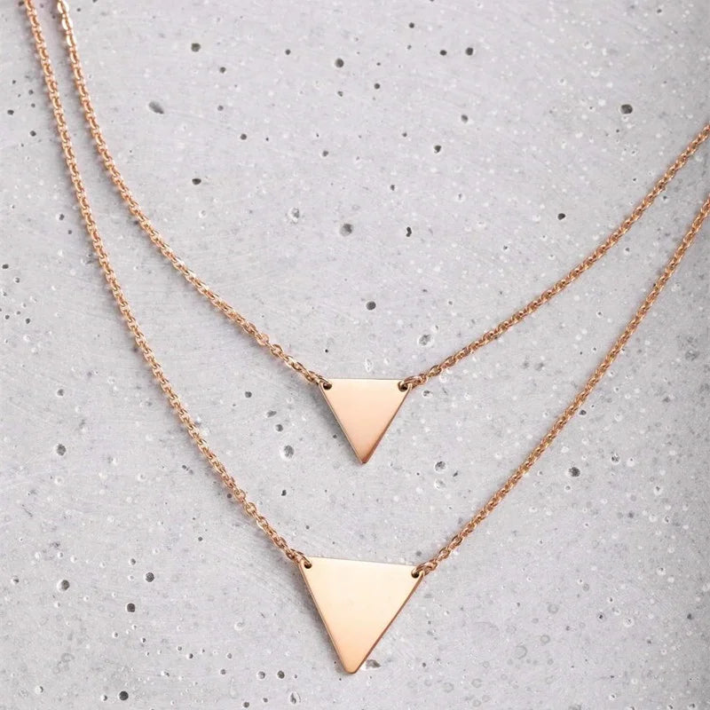 Wholesale Double Layer Stainless Steel Triangle Necklace with 1cm 2cm Pendant Gold Plated Customizable Logo Name Carving