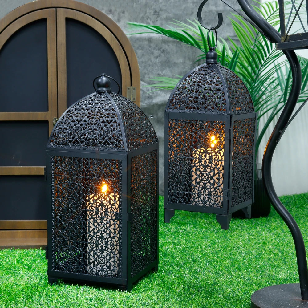 Set of 2 Nordic Hollow Metal Candle Lantern for Ramadan Wind Metal Cage Shape Lantern for Home Decor