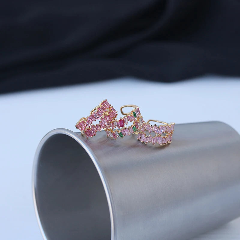 Hot Selling Fashion Jewelry Luxury 18k Gold Plated Adjustable Ring Trendy Double Layer Pink Zircon Ring for Women