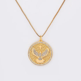 QIKU Popular Round Cross Bird Pattern Gold Color Pendant Women Necklace Copper Zircon Exquisite Jewelry Charm Gift Factory Price