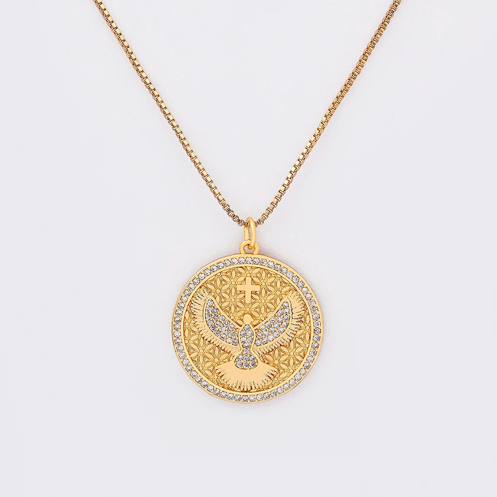 QIKU Popular Round Cross Bird Pattern Gold Color Pendant Women Necklace Copper Zircon Exquisite Jewelry Charm Gift Factory Price