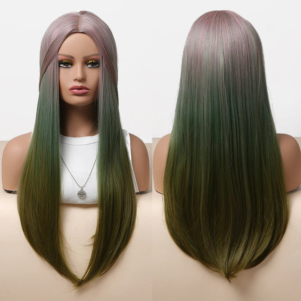 Factory Wholesale Prices Ombre Pink Green Brown Synthetic Wigs Long Straight Middle Part Three-stage Layered Wig