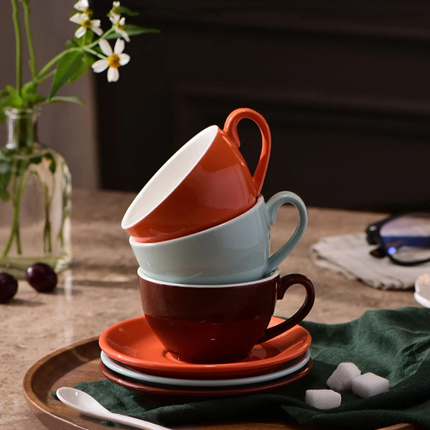 220ml Colorful Ceramic Coffee Mug Espresso Cup and Saucer Set Custom Glazed Cappuccino Coffee Cups Hot Sale Coffee Shop