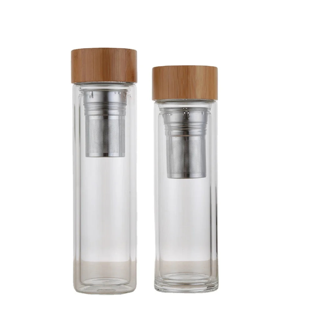FX Bottle Glass Crystal Water Bottle 450ml Double Wall Borosilicate Glass Fruit and Tea Infuser Tumbler with Bamboo Lid
