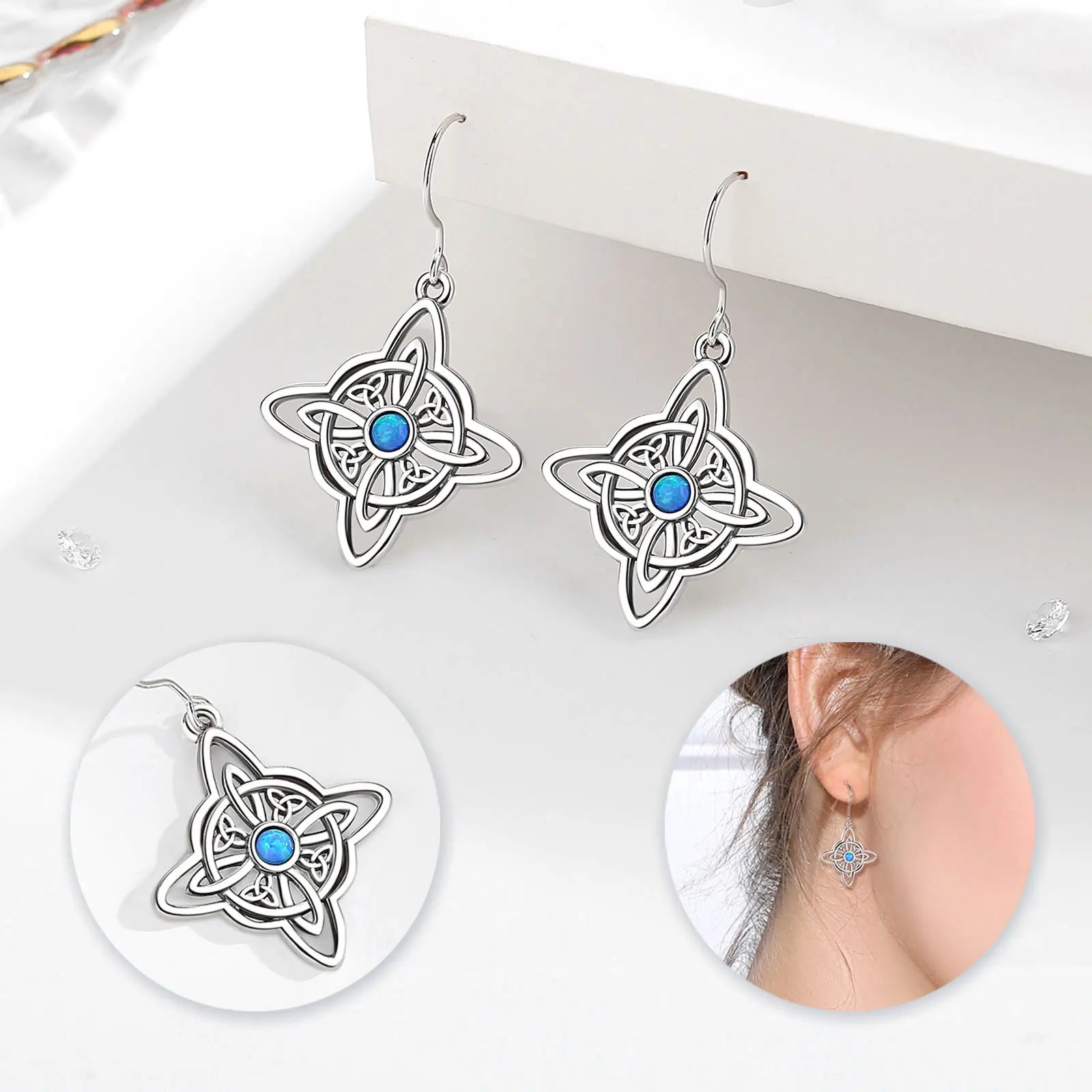 Merryshine 18k Jewelry Women's Plata 925 Jewelry Opal 925 Sterling Silver Wicca Moon Witches Knot Dangle Drop Earrings