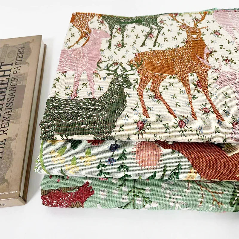 Green Blue and Burgundy Zoo Animals Deer Tapestry Breathable Cotton/Polyester Upholstery Fabric by the Yard Jacquard