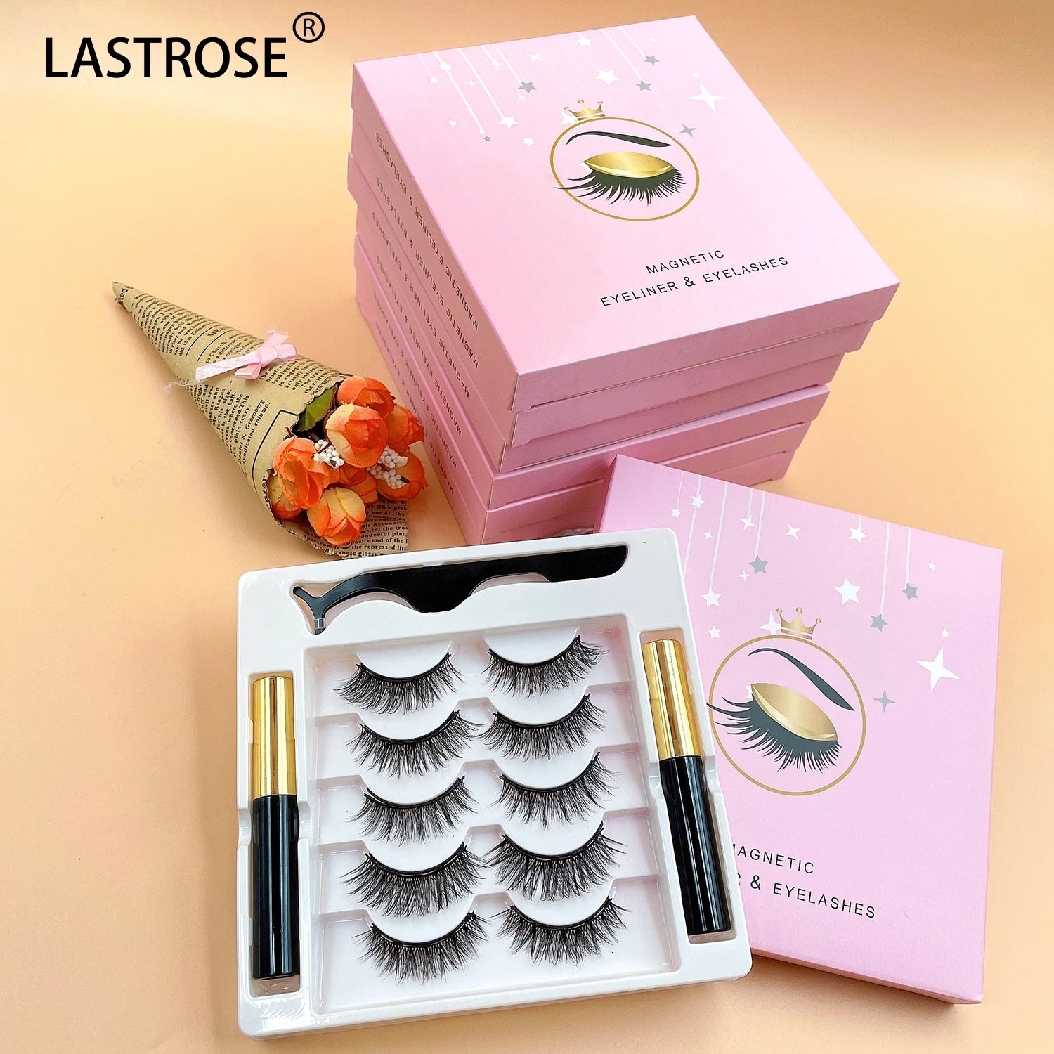 Lastrose Private Label 5 Magnetic Eyelashes Set Natural False Eyelashes Magnet Lashes Magnetic Liquid Eyeliner  and Tweezer Set
