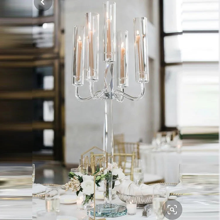 MH-1458 5 Arm Wedding Table Decoration Crystal Candelabra with Glass Tube