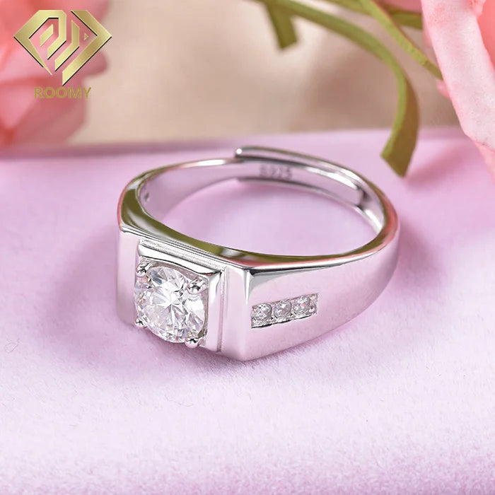 Men Adjustable 925 Sterling Silver Flawless Synthetic Moissanite Rings