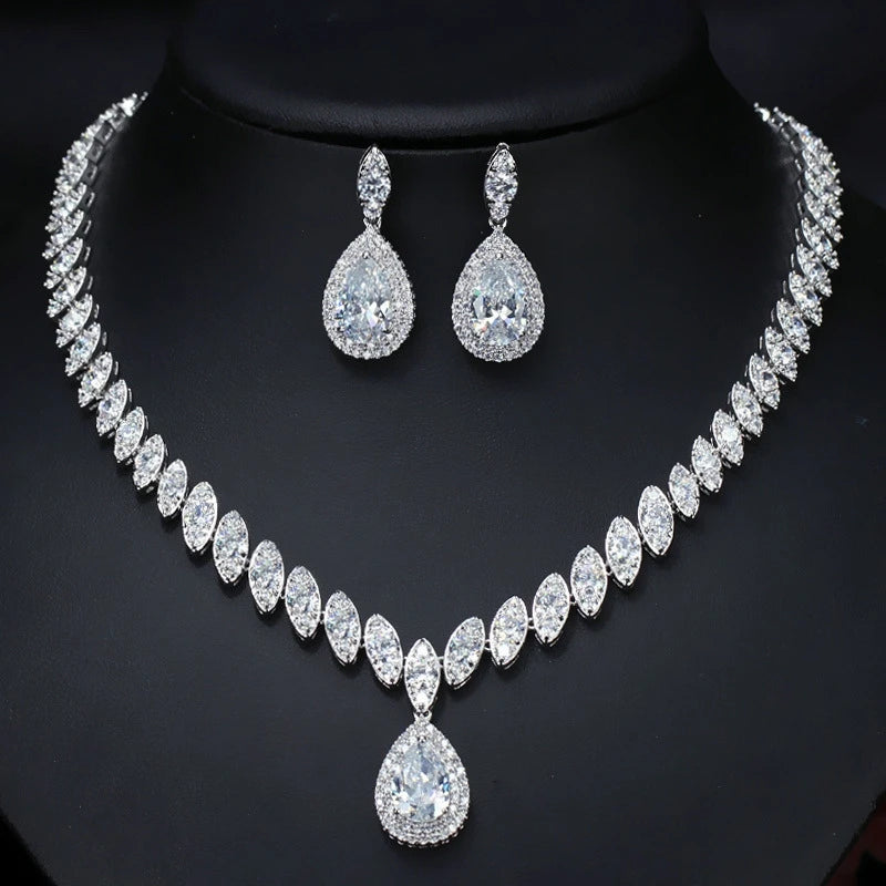 Korean Bride Set Copper Korean Bride Set Eco-friendly Copper Micro-insetzircon Necklace Earrings Chain Wedding Party Accessories