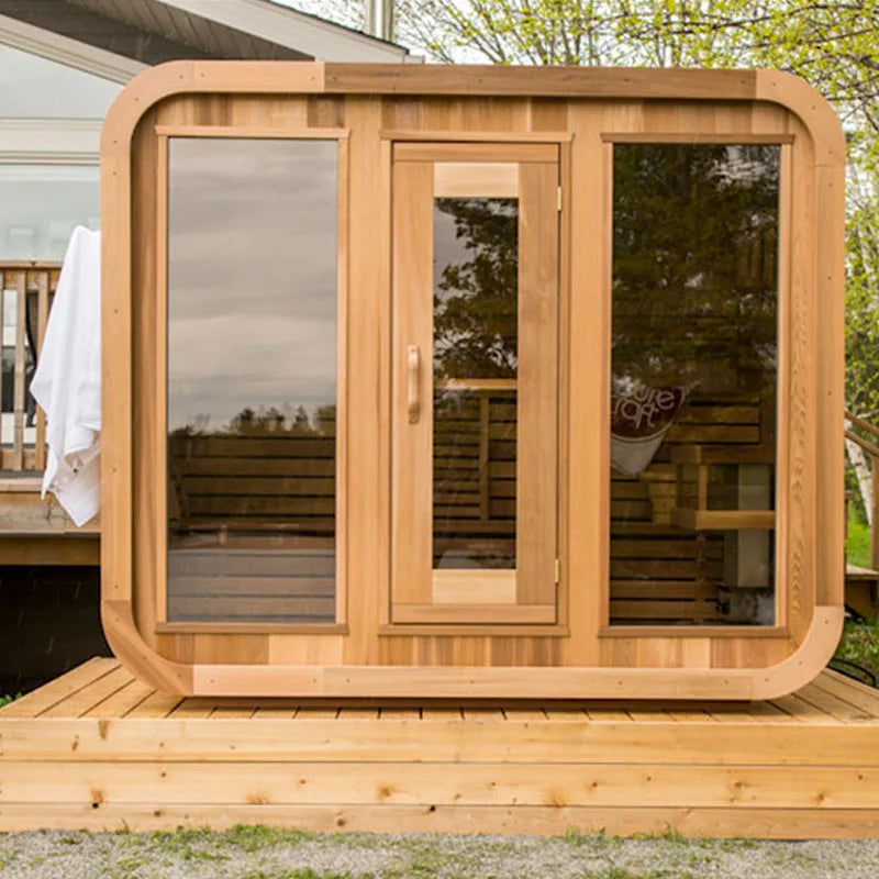 Cube Sauna Electric Dry Steam 6kw Panoramic Glass Outdoor Solid Wood Canadian Red Cedar Computer Control Transom Windows
