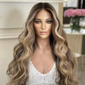 Balayage Highlight European Remy Hair Lace Top Silk Base Wigs Dark Brown Ash Blonde Highlight Double Drawn Loose Wave Wig