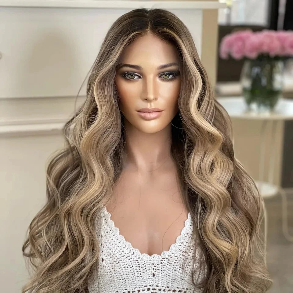 Balayage Highlight European Remy Hair Lace Top Silk Base Wigs Dark Brown Ash Blonde Highlight Double Drawn Loose Wave Wig