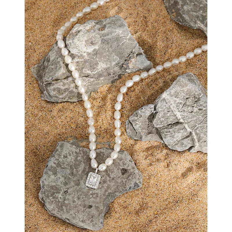 Unique Design S925 Sterling Silver Elegant Pendant Charms Square CZ Freshwater Pearl INS Choker Necklace Women XT327