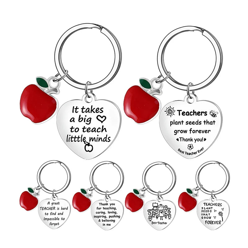 Teachers' Day Gift Stainless Steel Custom Logo Text Words Name Date Key Rings Heart Apple Charm Love to Teach Teacher Key Chain