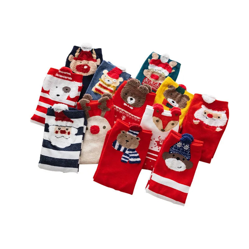 Women's Disposable Anti-slip Autumn Christmas Stockings New Fall/Winter Cartoon Striped Three-dimensional Mid-tube Ears Cotton