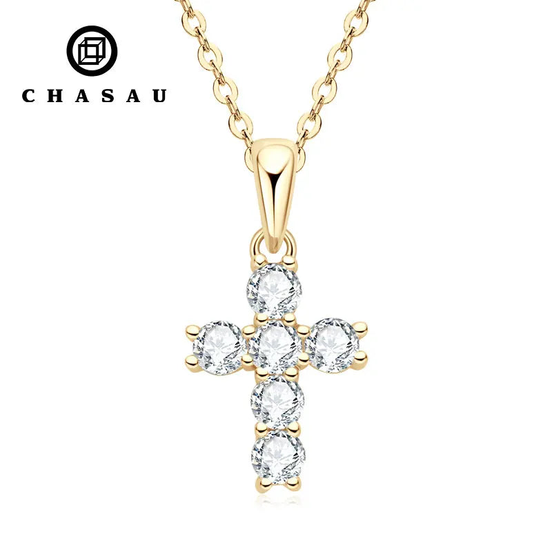 Chasau 925 Silver Certified 3mm Moissanite Women Men Faithful Charm Religion Choker Christian Gifts Cross Pendant Necklace