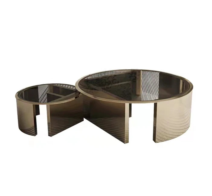 New Design Luxury Living Room Home Furniture Stainless Steel Round Coffee Table Set of 2-Piece Golden Glass Top Centre Table