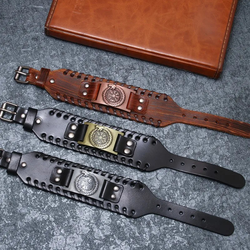 Punk Retro Dragon Compass Woven Leather Bracelet for Men Wide Wristband Braided Rope for Wholesale