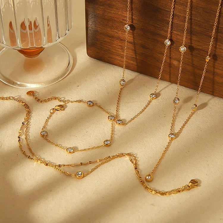 S11447  Chic Dainty Gold Plated Stainless Steel Crystal Station Chain Necklace Bracelet Women Jewelry Sets for Ladies Girls
