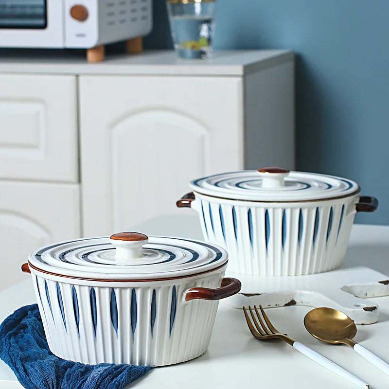 Solhui Simple Ceramic Salad Bowl with Lid Instant Noodle Bowl with Handle Large Household Soup Bowl