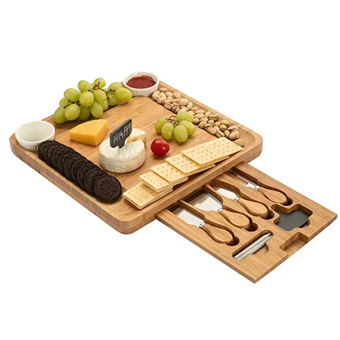 Customized Bamboo Charcuterie Board Cheese Board Set with Cutlery in Drawer Multifunction Kitchen Tableware