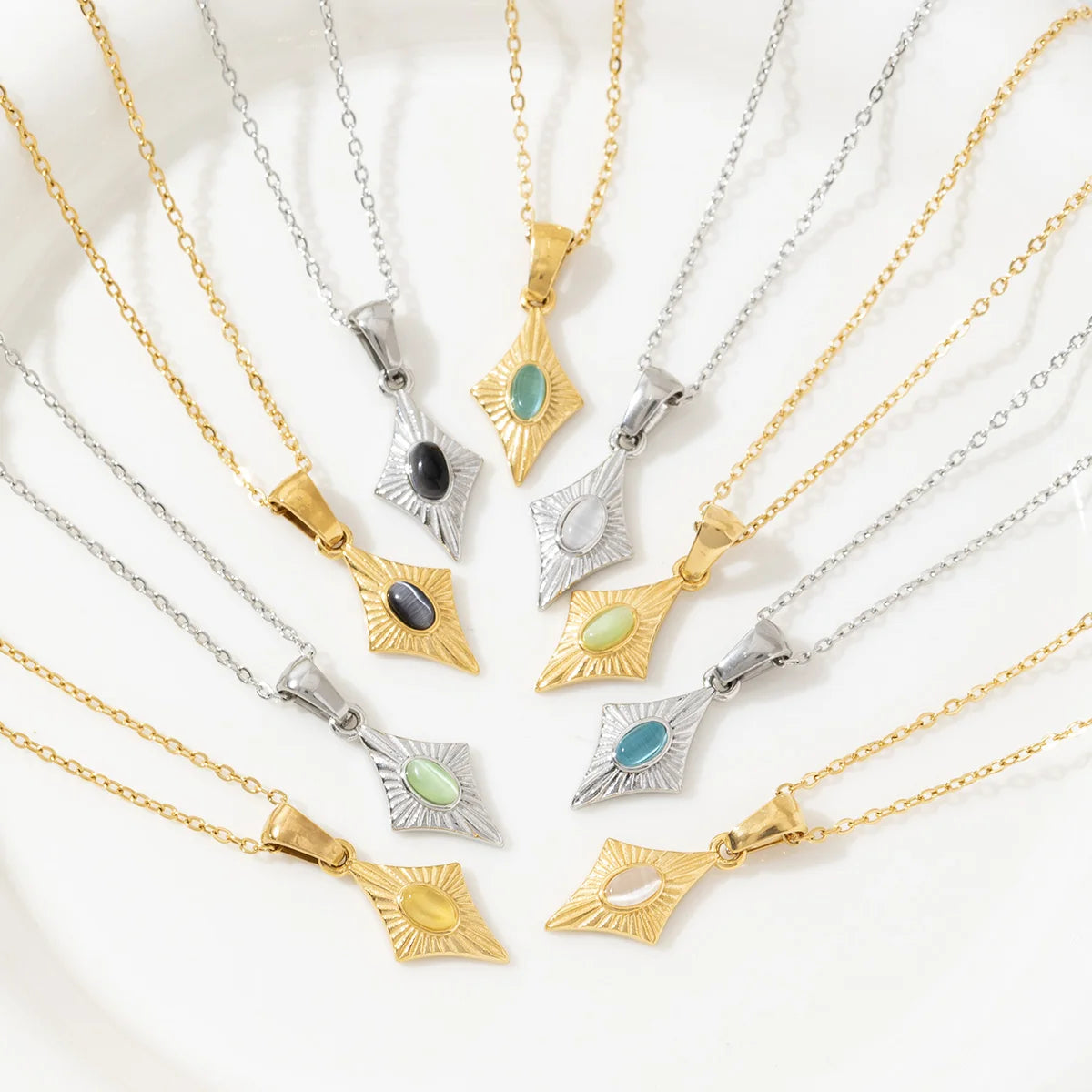 Classical Design 18K Gold Plated Stainless Steel  Engraved Rhombic Colorful Man-made Opal Pendant Necklace