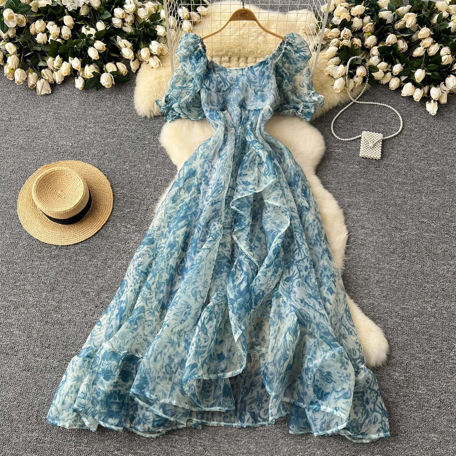 Summer Chic Print Short Sleeve Midi Dress Ladies Sweet Dresses Women