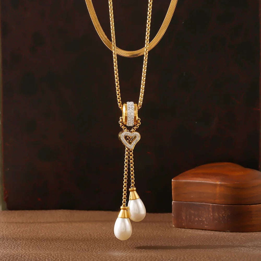 DAIHE 18k Gold Plated Fashion Stainless Steel Jewelry Diamond Heart Pendant Necklace Imitation Pearl Necklace Women