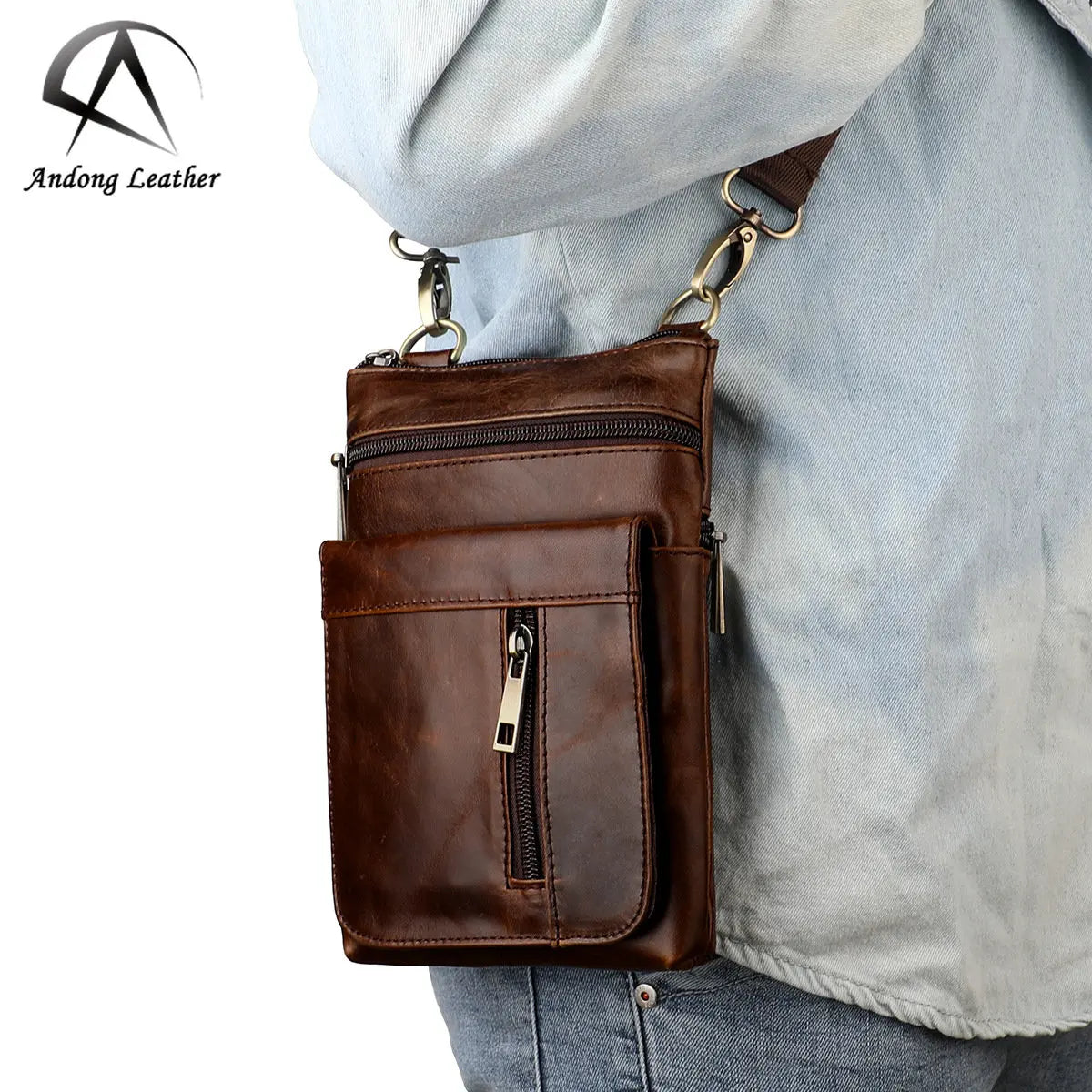 Andong Leather Shoulder Bag for Men Genuine Cow Leather Vintage Crossbody Bag Adjustable Shoulder Strap Business Messenger Bag