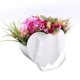 Pink Heart Shaped Ribbon Handle Rose Flower Gift Packing Paper Box with Glossy Lamination Embossing for Wedding Valentine's Day