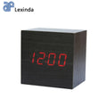 EMAF Promotion Gift Small Cube Home Decor Table Electronic Wooden Red LED Digital Alarm Clock Time Date Temperature Display