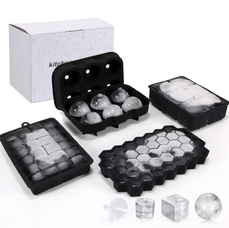 4-Piece Silicone Cube and Spherical Whiskey Tray Mold Set 4-Seasons Ice Cube Tray with Lid for Kitchen Party Carton Packed