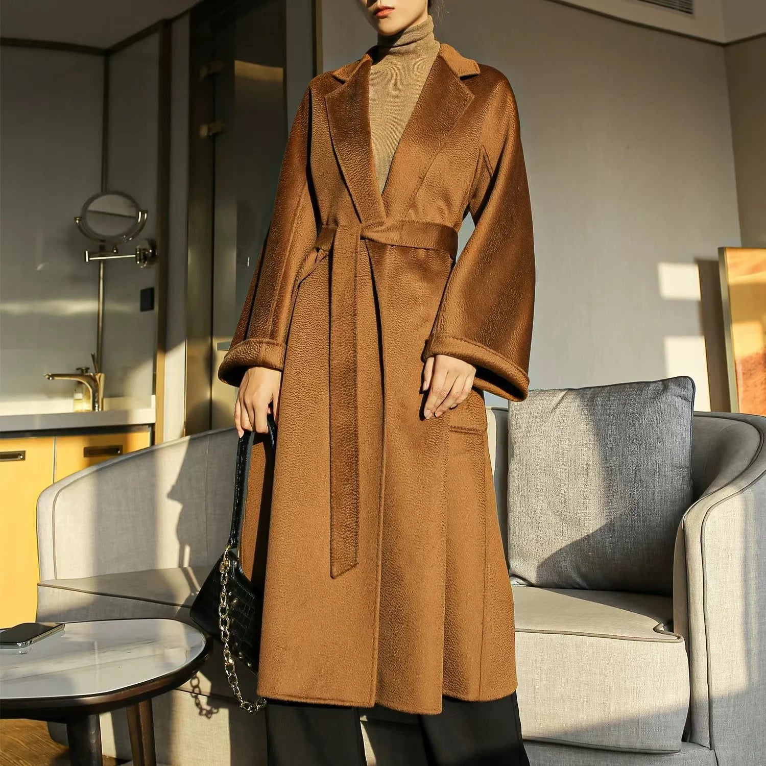 New Fashion Winter Women Fall Long Wool Jacket Double Faced Long Genuine Wool Trench Coat
