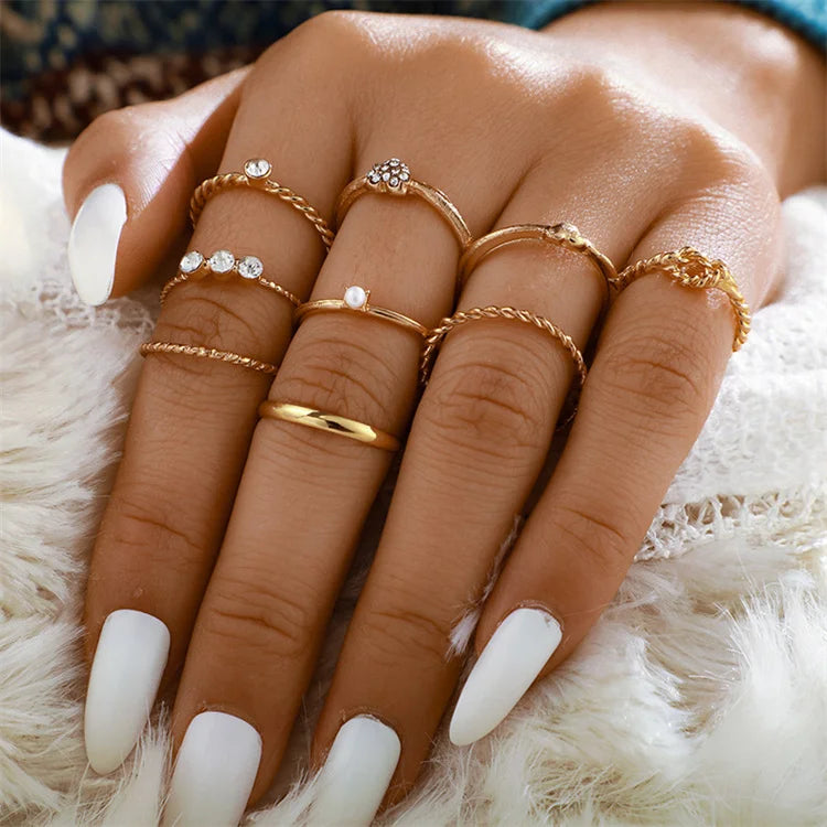 Free Sample   Rings Jewelry 9 Pcs Ins Wind Pearl Diamond Love Geometric   Alloy Women Simple Ring Set