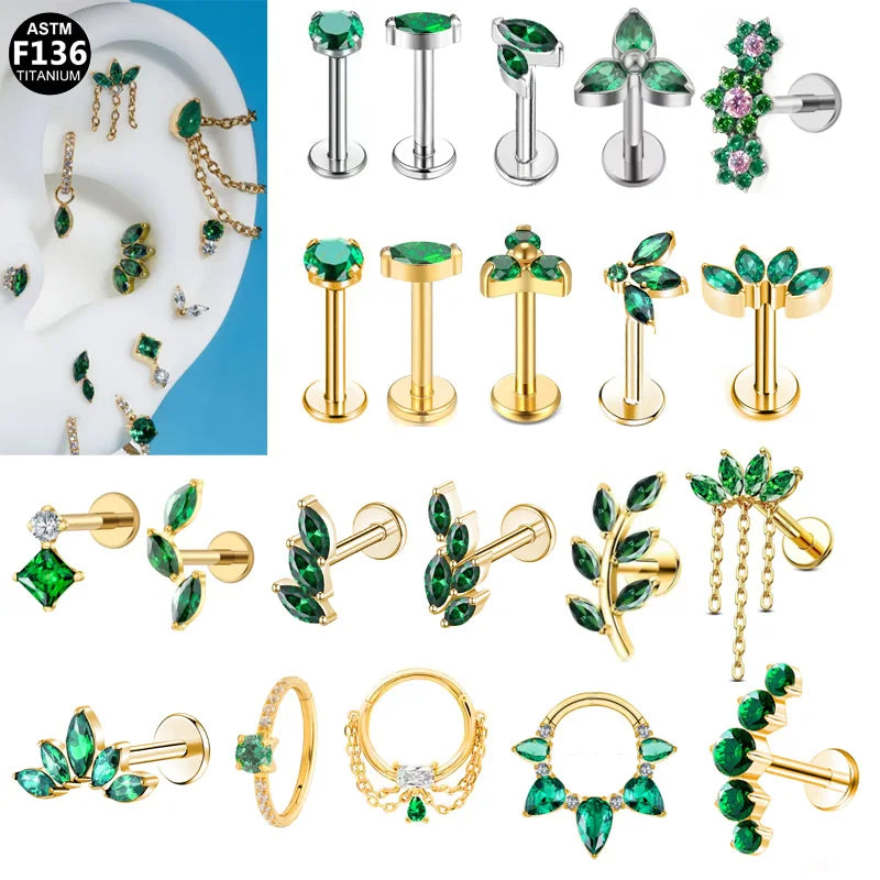 Gaby G23 ASTM-F136 Titanium Titanio Cartilage Earring Labret Lip Emerald Internal Thread Green Body Wholesale Piercing Jewelry
