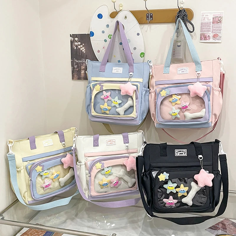 Japanese Style Large Capacity Student Tote Bag with Clear Display Window Fresh Sweet Nylon Shoulder Bag