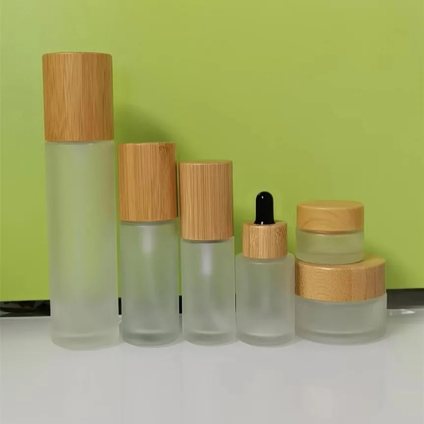 Eco-friendly 15g50g100g Bamboo Cap Cream Lotion Frosted Glass Bottle Set Empty Glass Cosmetic Bottle Eye Cream Jar