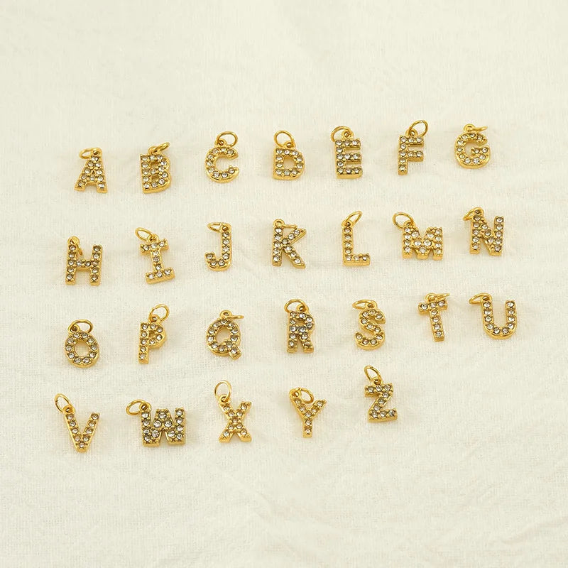 26 Letters Diamond DIY Necklace Bracelet Pendant Gold Stainless Steel Zircon Letter Charms for Jewelry Making