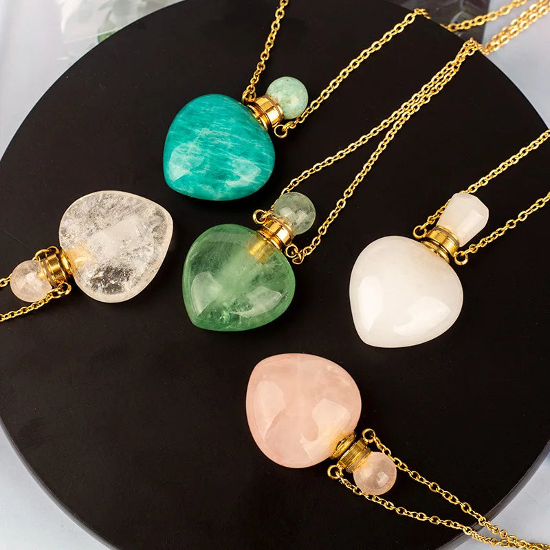 Hot Sale Heart Natural Crystal Quartz Gemstone Perfume Bottle  Essential Oil Bottle Pendant Necklace