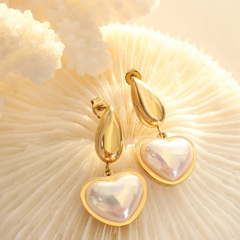 Waterproof 18k Gold Plated Stainless Steel Jewelry Gift Charm Luxy Glass Shell Heart Pendant Earrings for Women
