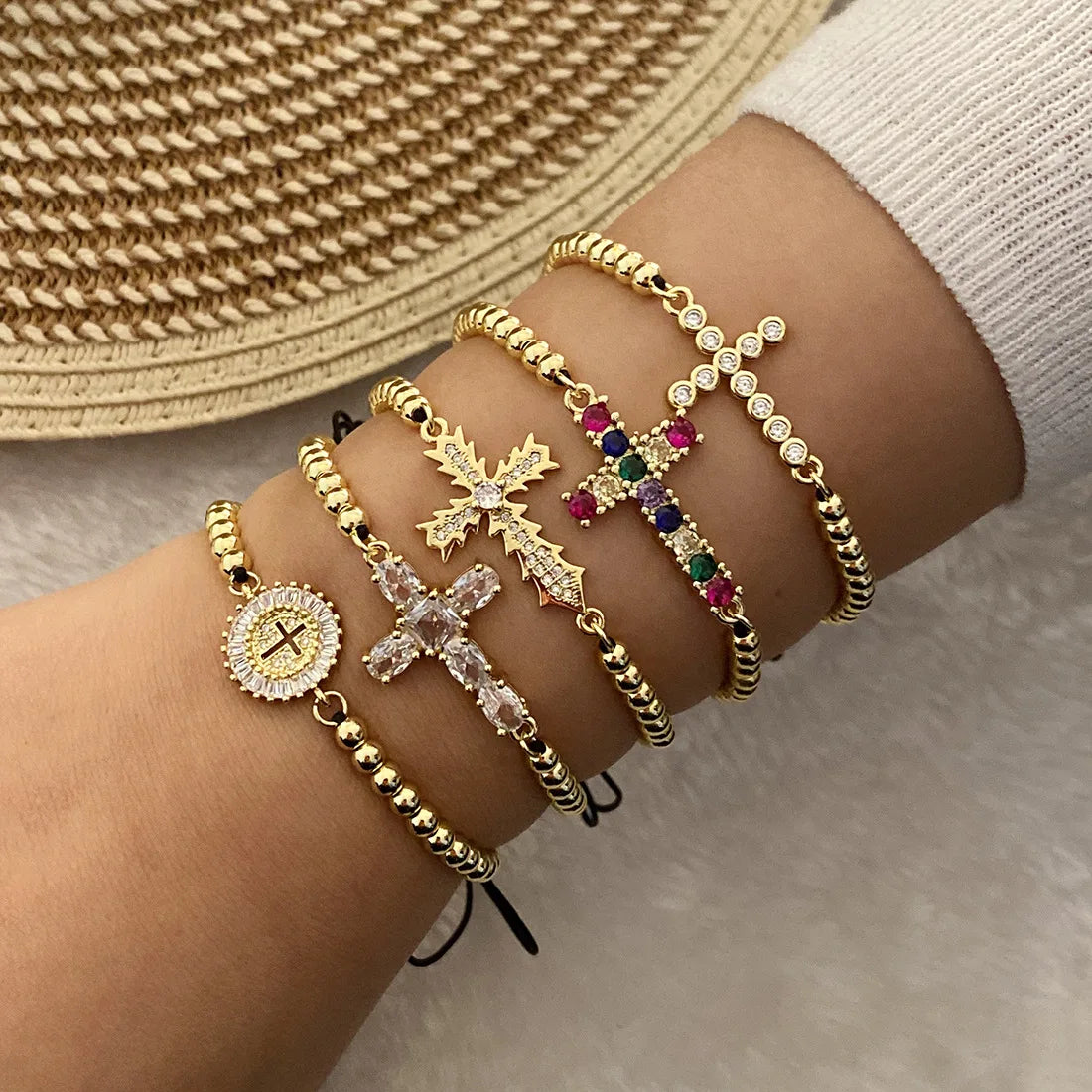 2024 Fashion Trend High Quality Bracelet Copper Gold Plated Jewellery Beaded Black Cord  Cross Pendant Woven Bracelet for Women