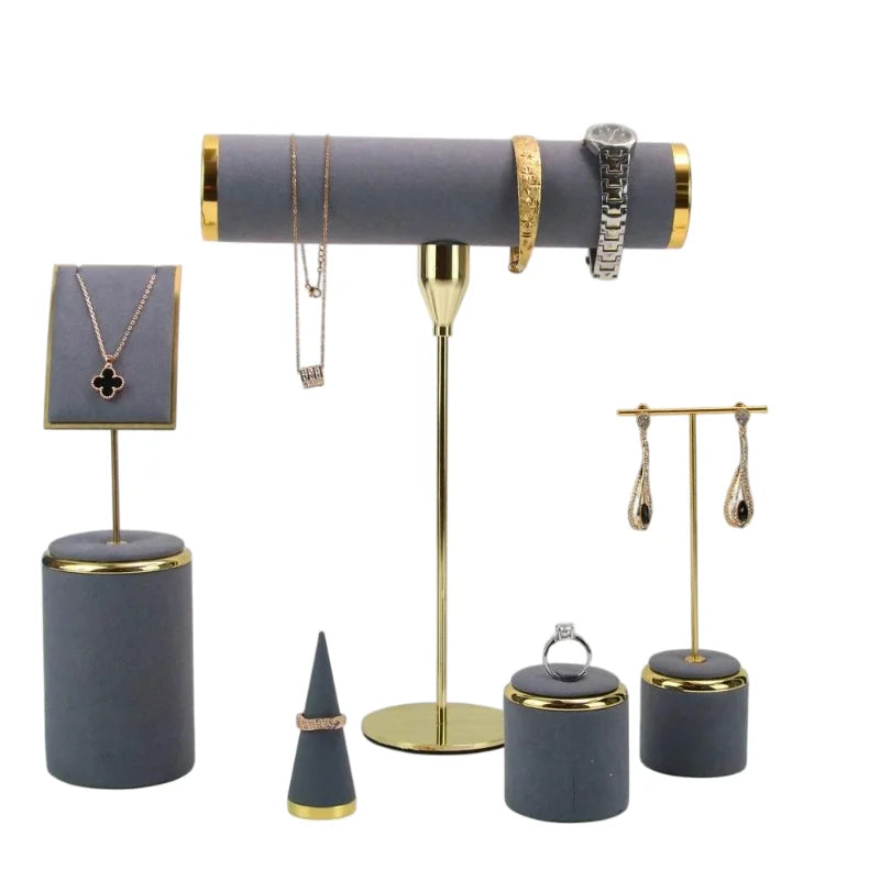 Free Combination Baking Finish Showcase Jewelry Display Rack Gray Microfiber Jewelry Set Display Props