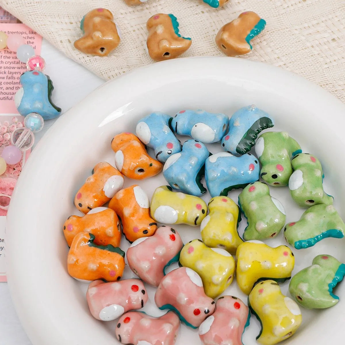 Cartoon 24*20mm Colorful Ceramic Clay Beaded Handmade Graffiti Dinosaur Loose Beads DIY Bracelet Phone Chain Findings