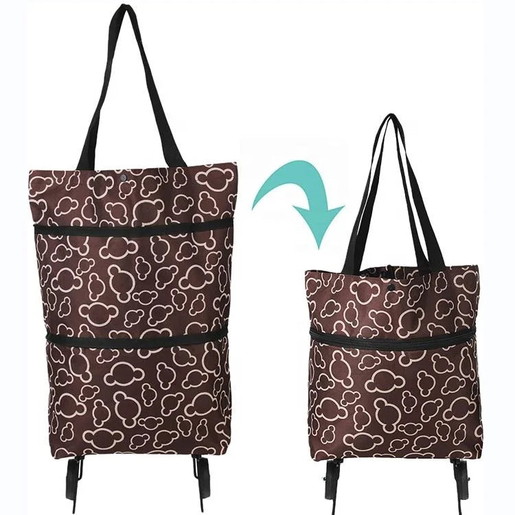Microfiber Collapsible Reusable Trolley Bag with Handy Straps Portable Grocery Shopping Cart with Foldable Wheels for Women