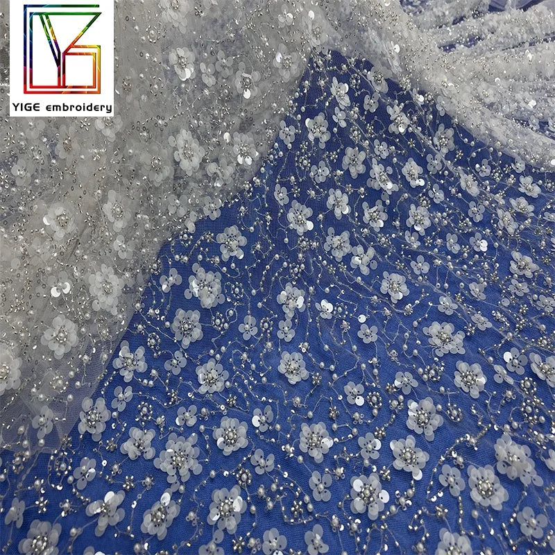 Luxury White Bridal Evening Dress 3D Pearl Tulle Sequin Lace Fabric Wedding Dress Beading Fabric Laces Fabrics for Women