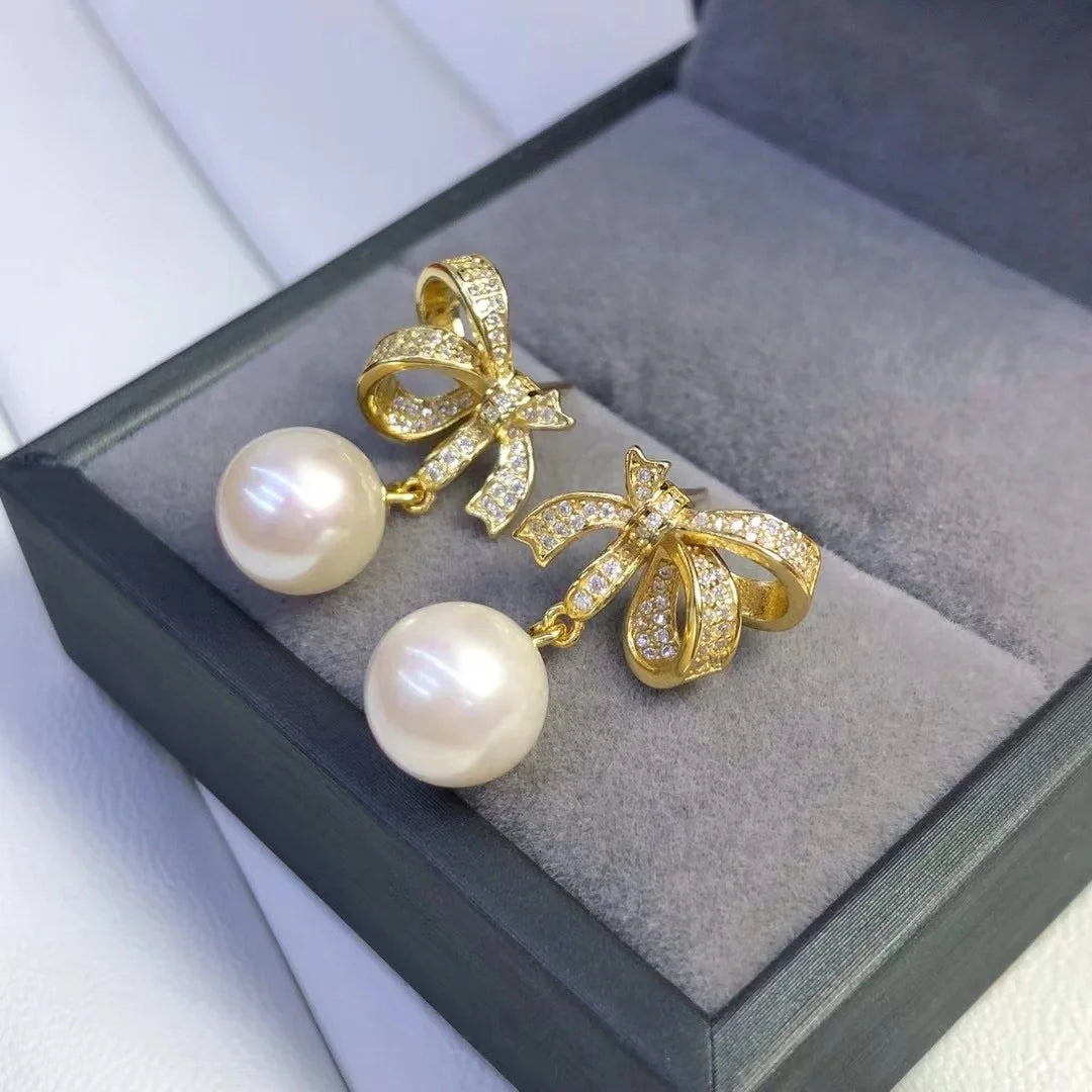 E1336 8-9mm DIY Natural Freshwater Pearl Charm Earrings Mounting Accessory 925 Sterling Silver Gold Plated  Jewelry for Women