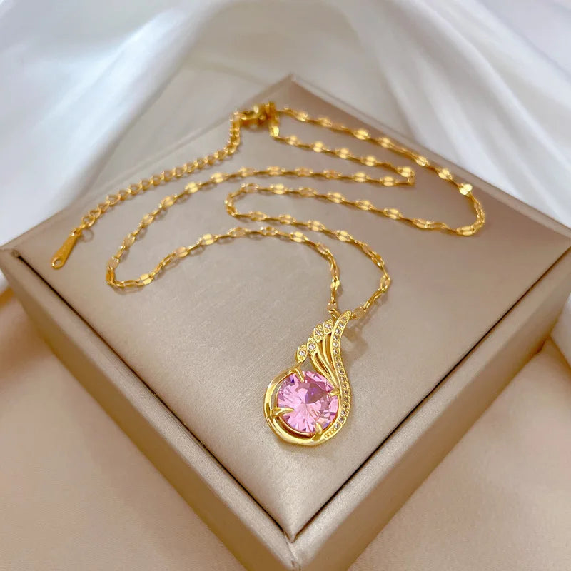 Fashion Pink Zircon Geometric Pendant Necklace Stainless Steel Chain Gold Plated Micro Pave Zircon Pink Zircon Choker Necklace