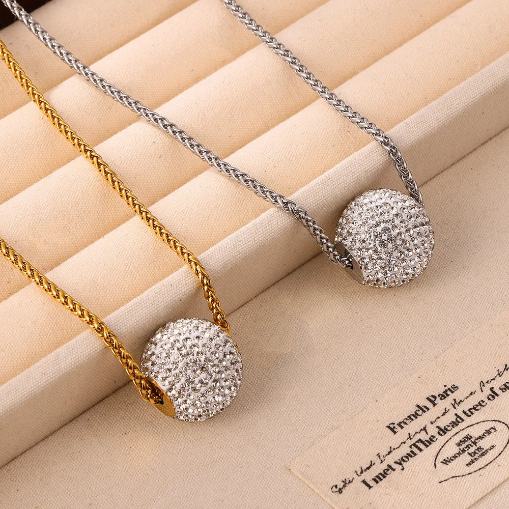 Fashionable Full Diamond Ball Pendant Necklace Light Luxury Minimalist Stainless Steel Gold Plated Choker Necklace Colliers